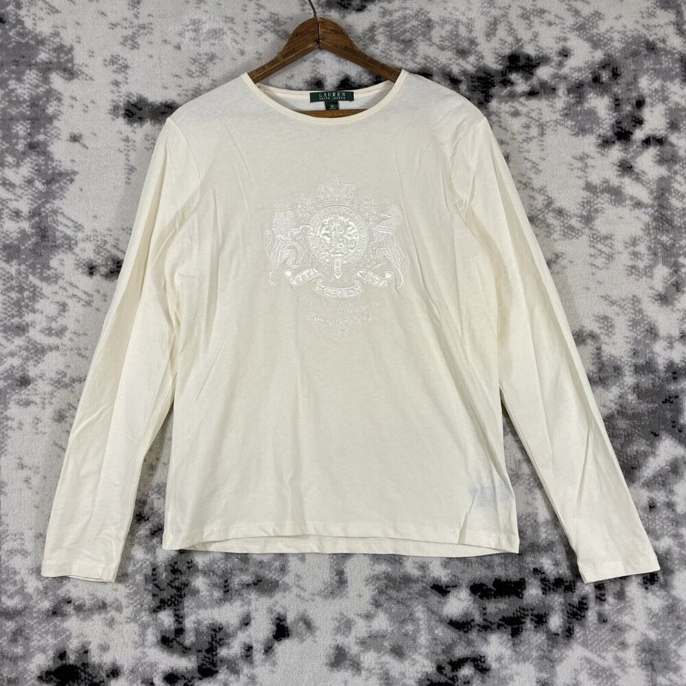 Lauren Ralph Lauren Shirt Womens Size Medium Cream‎ Embellished Crest Preppy